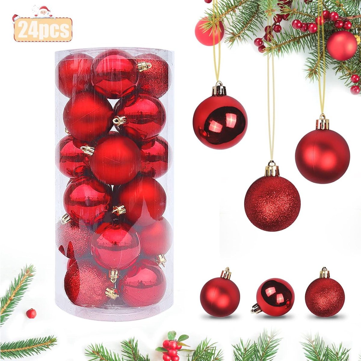 Kerstballen, kerstversiering van kunststof, 24 stuks decoratieve ballen, kerstdecoratie, boomhangers, ornamenten, hangende ballen, kerstboomballenset (4 cm, rood)