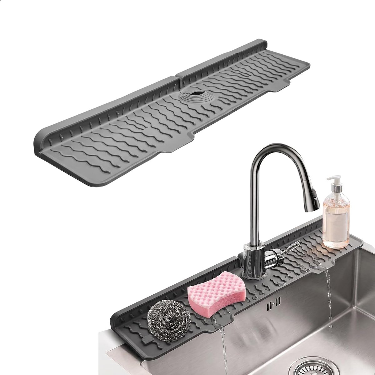 Kraanbescherming van siliconen, spatbescherming voor keuken, wastafel, afdruipmat, schuin ontwerp, snelle drainage, afdruipmat voor keuken- en badkamerkranen (grijs, 60 cm)