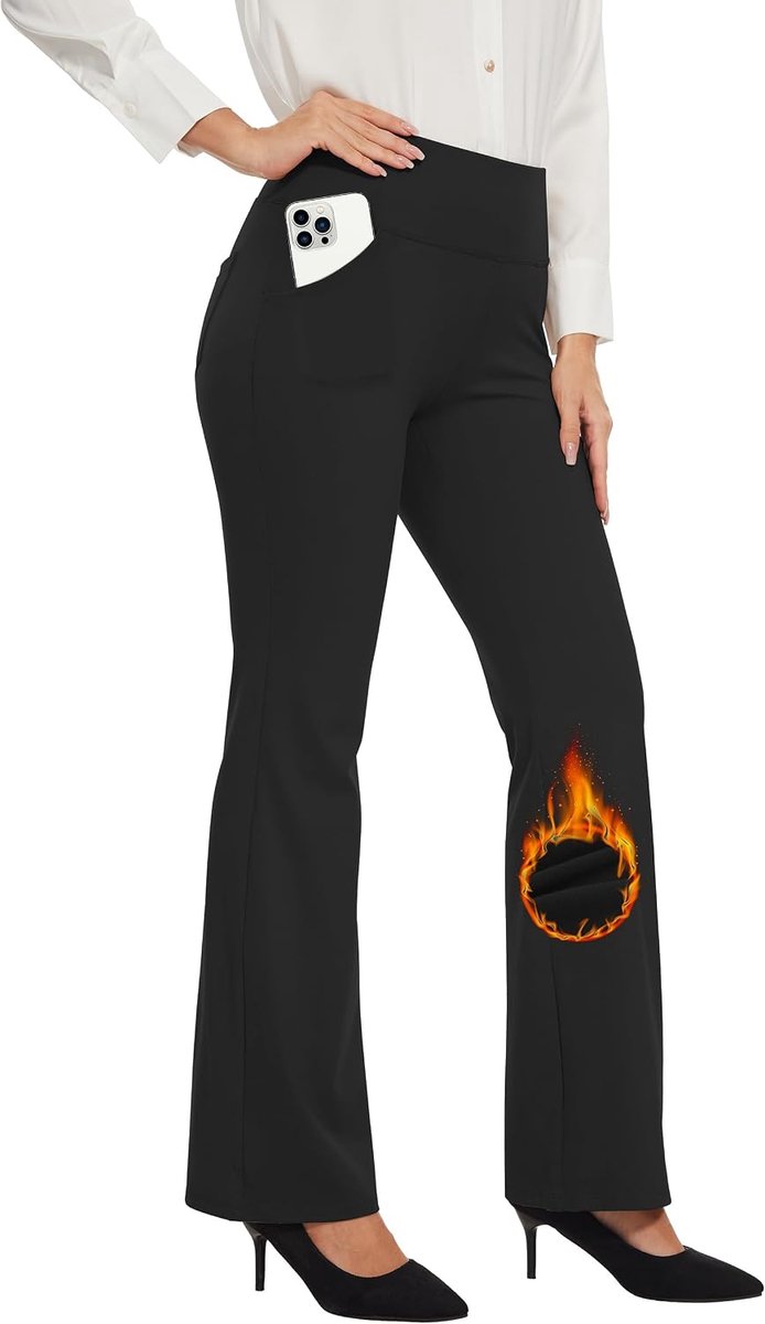 Thermo Bootcut Yogabroek voor dames met fleece gevoerde broek met 4 zakken, wintersportbroek voor dames, lang, hoge taille, stretch, warme joggingbroek