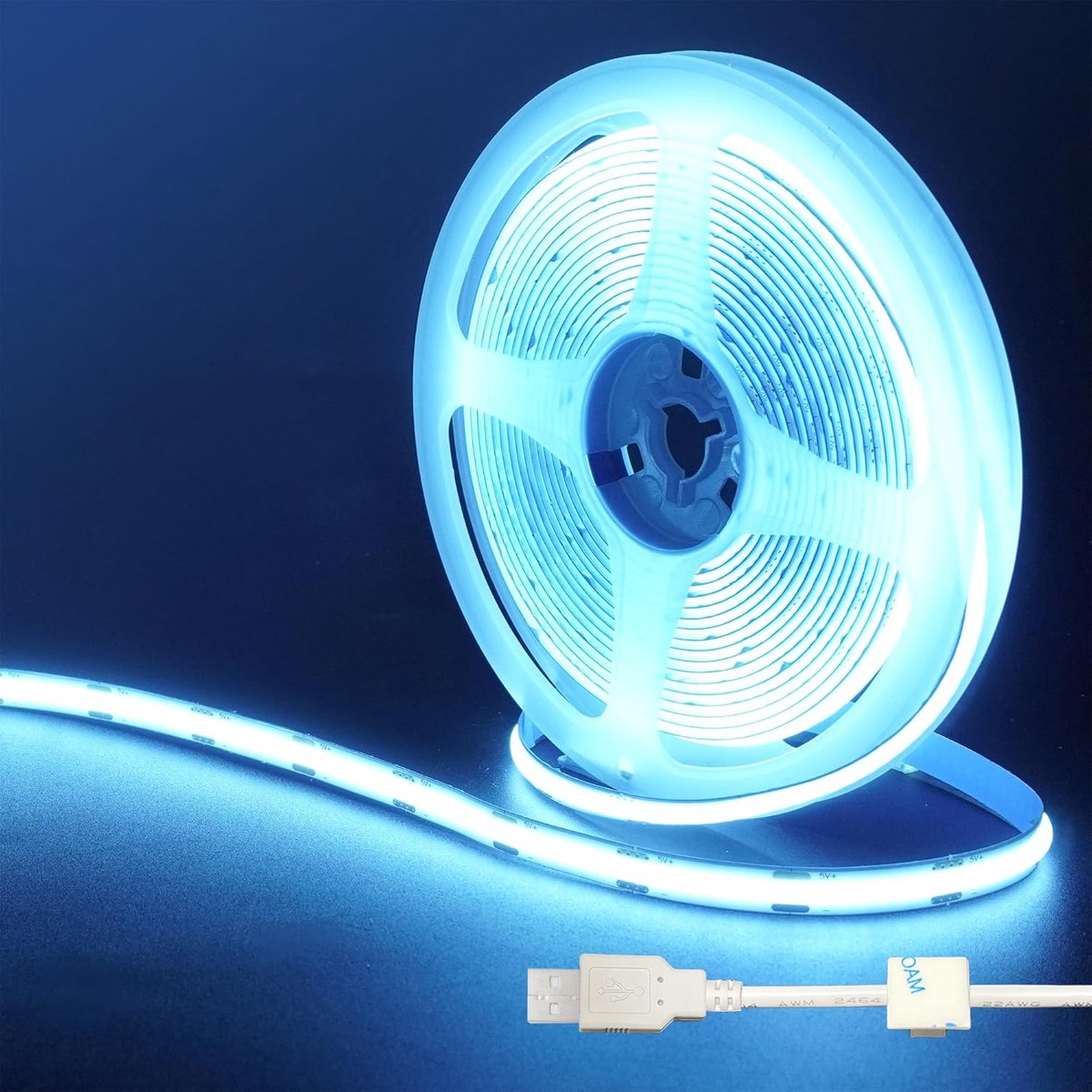 5V USB COB LED strip licht, 16.4FT/5M, ijsblauw, 320led /M, 8mm breed, niet waterdicht IP20,1M USB kabel, flexibele LED strip licht voor doe-het-zelf interieur