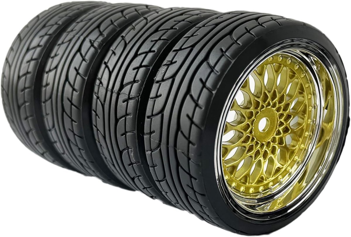 RC Drift Autobanden, 4 stuks 62 mm harde drift kunststof wielbanden met velgen voor 1:10 RC On Road Run-Flating racewagens voor Tamiya HSP HPI Kyosho onderdelen (goud zilver, offset 6 mm)