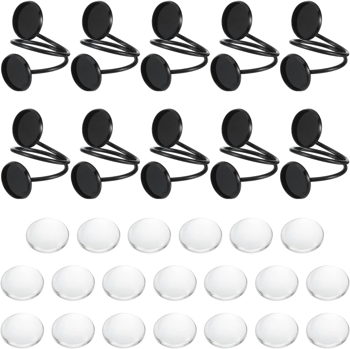 10 stuks metalen basis voor edelsteen, 12 mm, verstelbaar, plat dienblad voor sieraden, met 20 stuks, edelsteen, transparant, voor het maken van sieraden, doe-het-zelf, gravures (zwart)