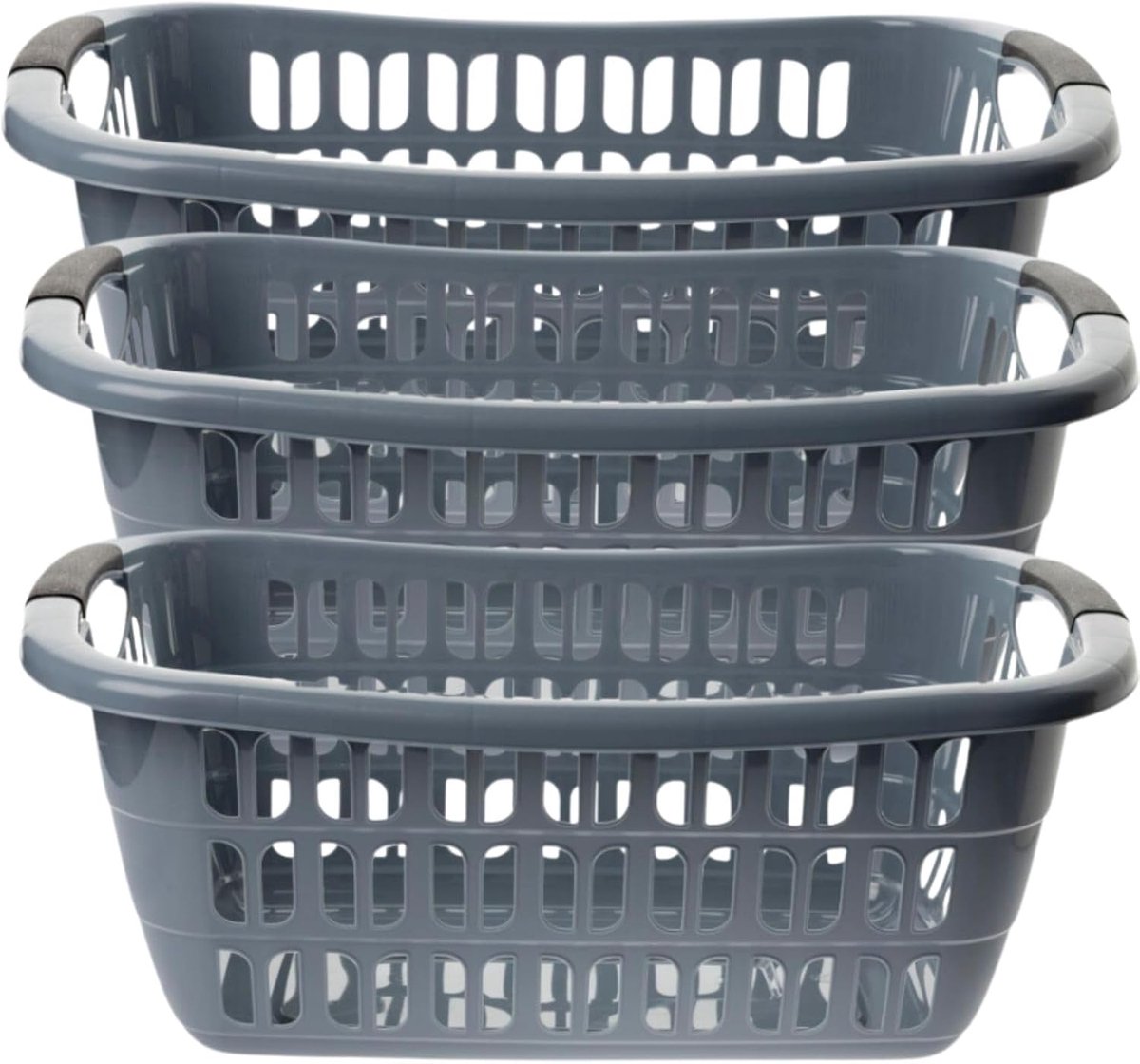 3-delige set, grote wasbak, grijs, 55 x 37 x 20 cm, 30 liter, wasmand, kunststof, made in EU, stapelbaar, met handgrepen, ventilatiegaten
