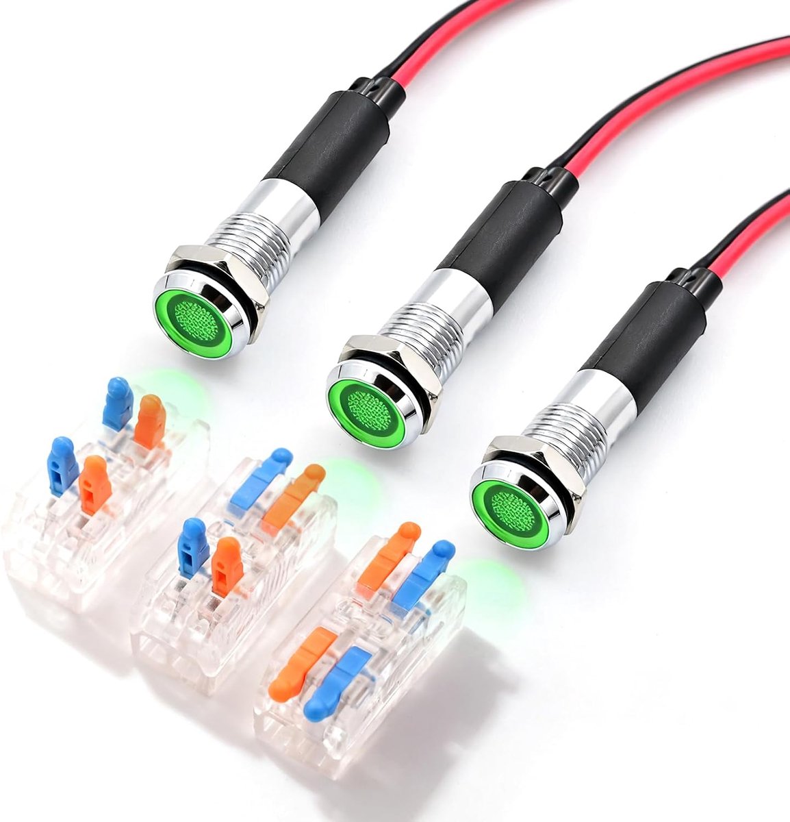 3 stuks 8 mm 12-24 V LED waterdichte signaalweergave metaal koper verzinkt materiaal alarmlamp, groen, voor auto's, jachten en andere industriële apparaten.