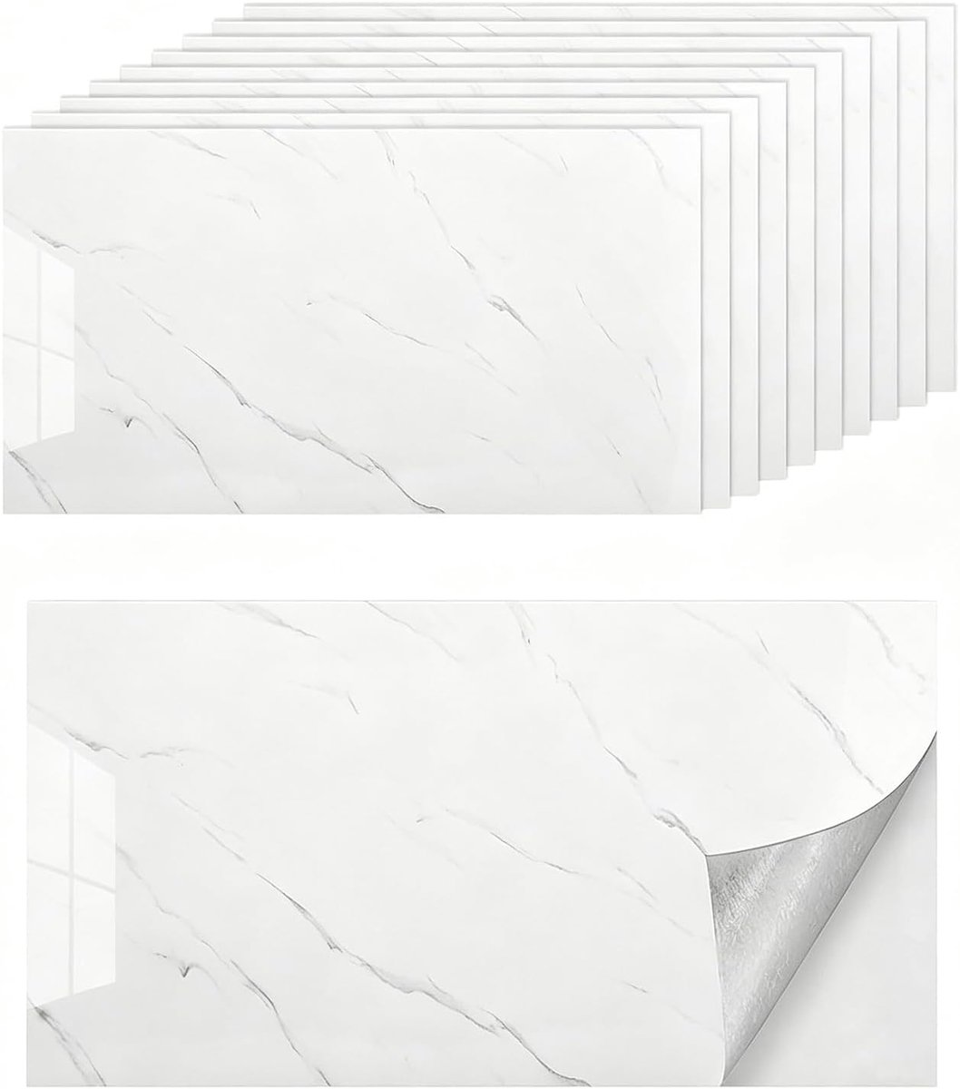 Tegels keuken marmer, 10 stuks tegelstickers marmeren 60 x 30 cm zelfklevende tegels waterbestendig, wandpanelen zelfklevend voor keukenachterwand, badkamer, woonkamer (marmer wit)