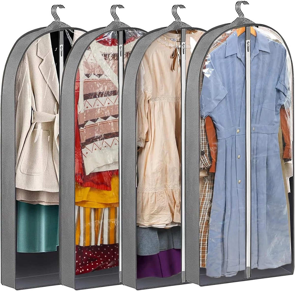 Set van 4 transparante en ademende grijze hangende kledingzakken met ritssluiting aan de zijkant en 4 inch kruisje, kleding waterdichte hoezen voor kledingkast, volledig doorzichtige jurk, stofdichte