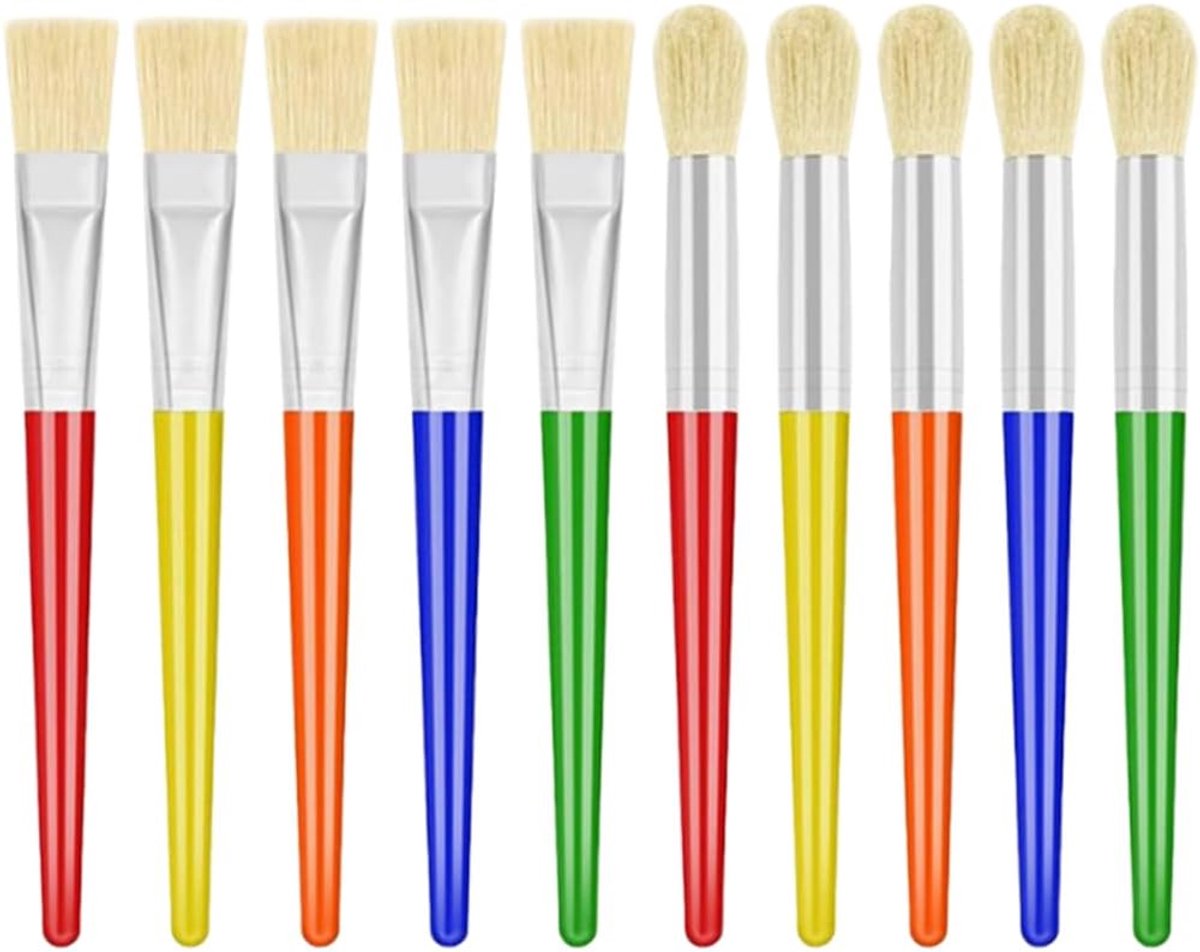 10-delige schilderpenselenset voor kinderen, varkenshaar, twee soorten koppen (plat en rond), gekleurde handgrepen, ideaal voor aquarel, tempera-kleuren en artistieke tekeningen voor hobby's en