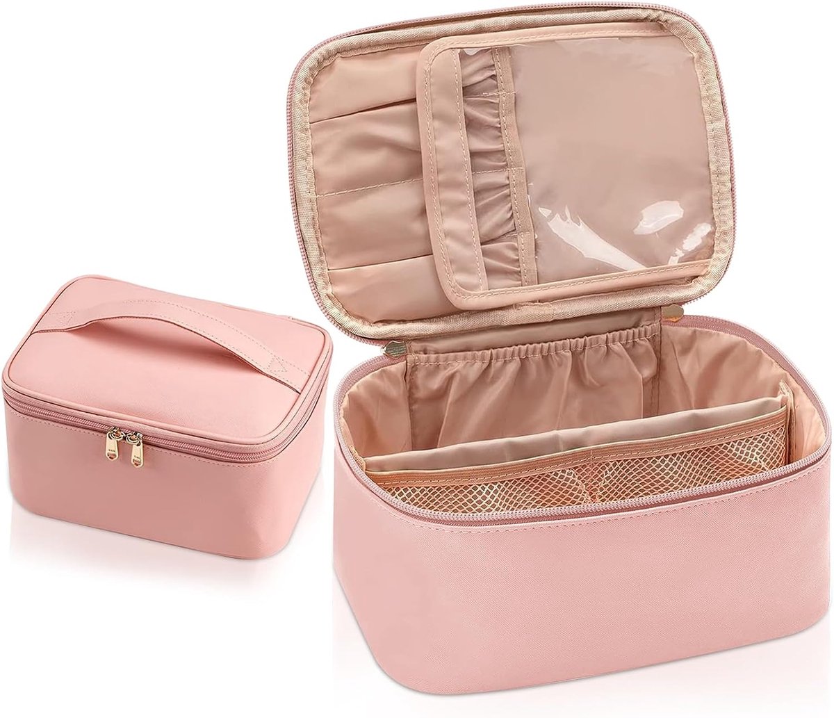 Make-uptas voor dames, grote reis make-uptas organizer, waterdichte reis-make-uptas met handvat en borstelvak, toilettas, roze, modieus