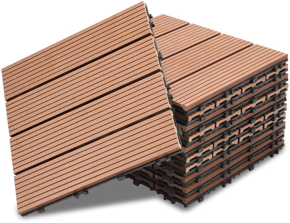 Terrastegels, 11 stuks 30 x 30 cm balkon vloertegels, tuintegels met kliksysteem, vloerbedekking met drainage, balkon vloer bruin in houtlook, 1 m²
