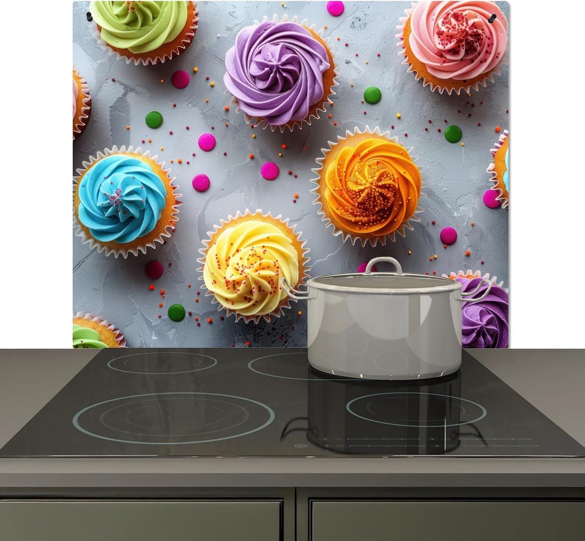 Spatscherm Keuken 52x60 cm Kookplaat Achterwand Beschermer Muur Spatwand Fornuis Aluminium Hittebestendig - Cupcakes - Muffins - Kleurrijk | 60 x 52 cm - wandbekleding, fornuisafdekplaten cupcakes - muffins - kleurrijk