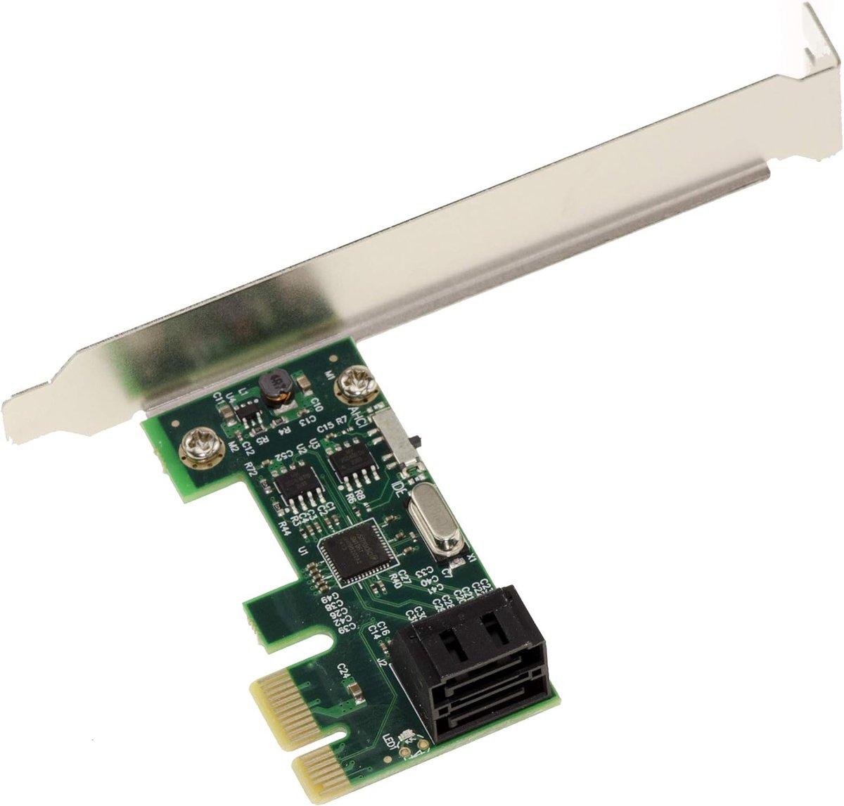 Express PCIe x1 2-poorts-controllerkaart voor SATA harde schijven. Compact formaat, met ASM1061 chipset. Hoog en laag profiel.
