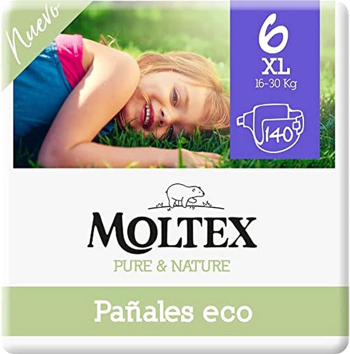 SnelShoppen - Ecologische luiers maat 6 (17-28 kg), 140 stuks - huidvriendelijk, 100% plantaardig, superzacht, met biologisch katoen, voor langdurige