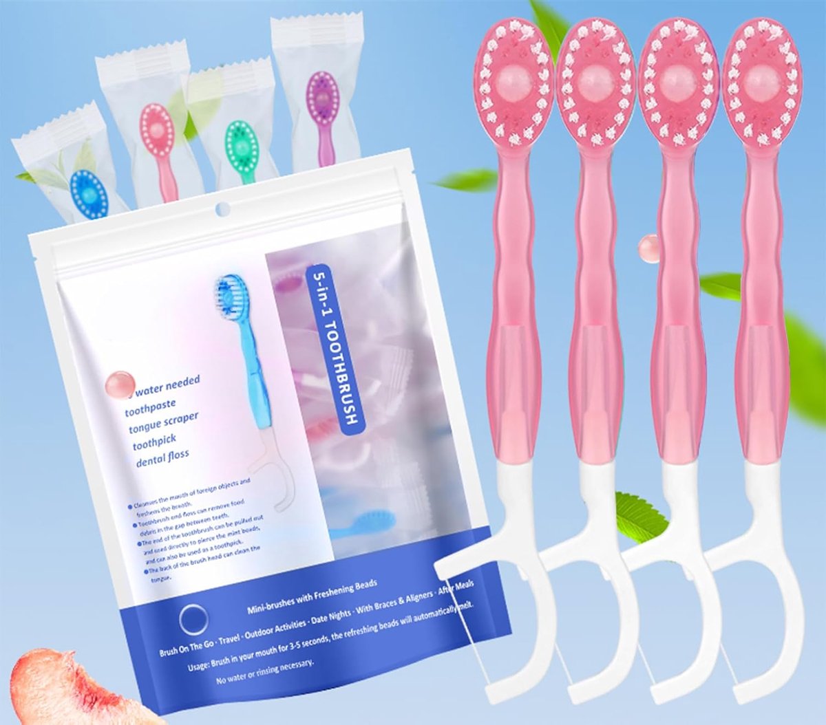 SnelShoppen - 12 Pack Mini Tandenborstel met Tandpasta, 5 in 1 (Vooraf Gehechte | Flosdraad | Tongschraper | Frisheid | Tandenstoker) Mini Tandenborst