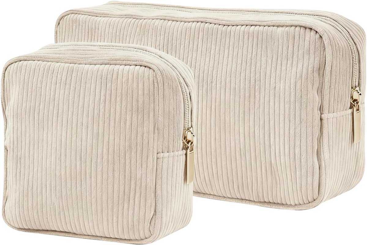 Cosmeticase set van 2 - corduroy - beige - ideaal voor thuis en op reis - ShopVlot