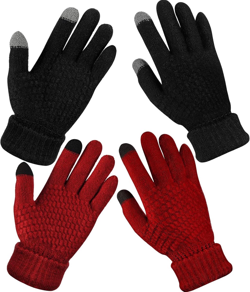 Handschoenen warm fleece gevoerd gebreide handschoenen elastische manchet winter tekst handschoenen, Zwart, Rood, M
