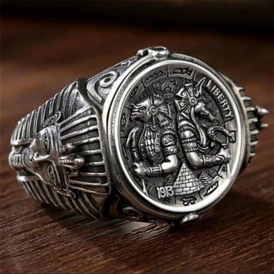 Stalen herenring, oude Egyptische farao piramide ring, beschermengel Anubis amulet ring, gegalvaniseerd zilver, 7-11 — afbeelding 4