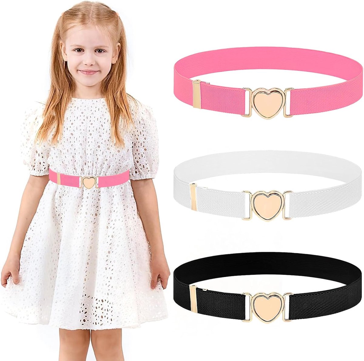 Riemen voor Meisjes 3 Pack, Hart Kinderriem Taille Riem voor Meisjes, Kinderriem Verstelbare Geweven Stretch Riem voor Jurken Jeans, Zwart, Roze, Wit