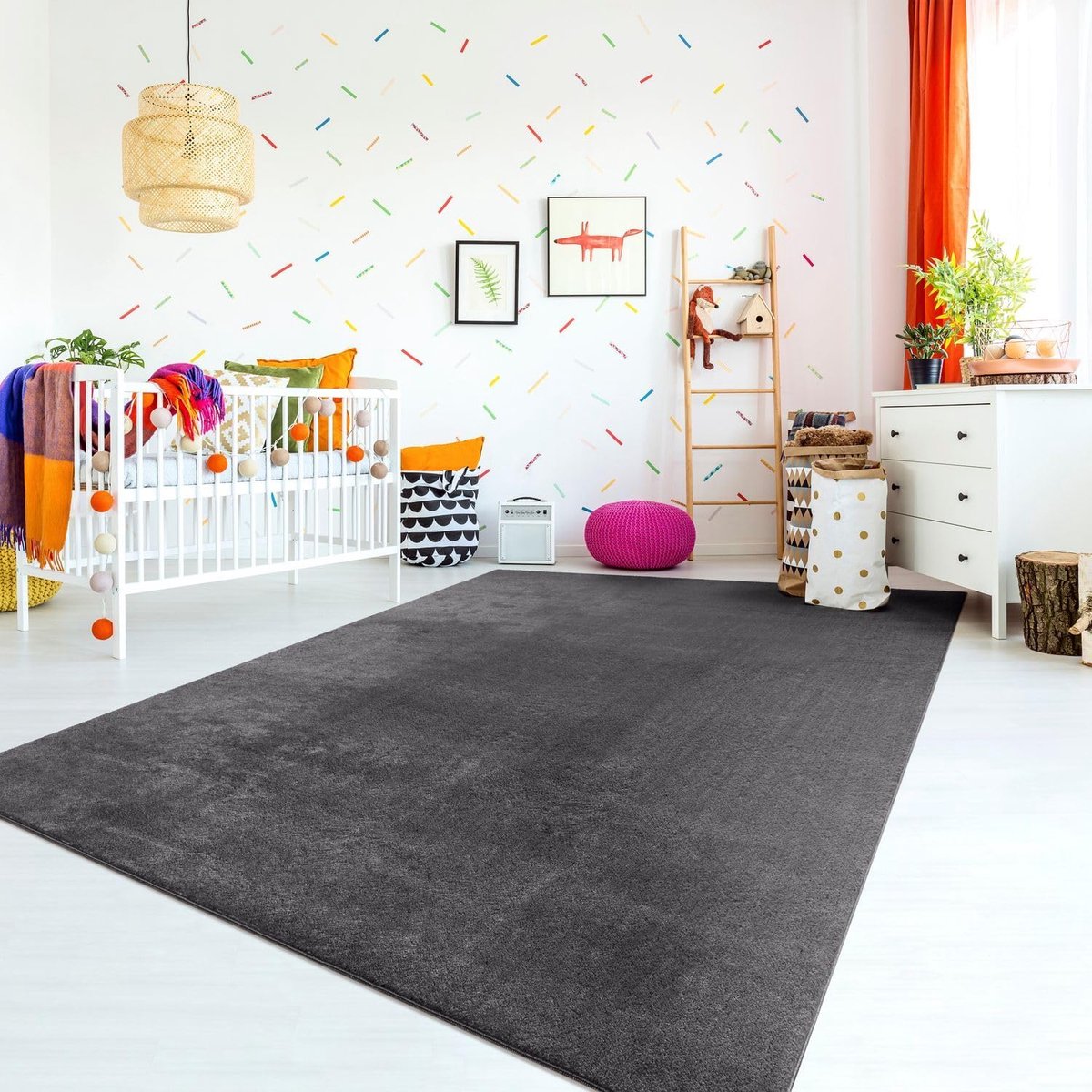 Home Vloerkleed Kinderkamer Meisjes Jongens Pastel Effen Kleur Modern Wasbaar, Kleur:Antraciet, Maat:120 cm rond
