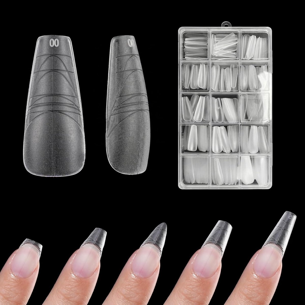 Line Nageltips, 300 stuks 12 maten Lange Kist Zachte Gel Tips Nep Nagel Acryl Verlengingen Naadloos Nauwkeurige Positionering Schaal Lijn, Volledige Matte Professionele Nagelsalon