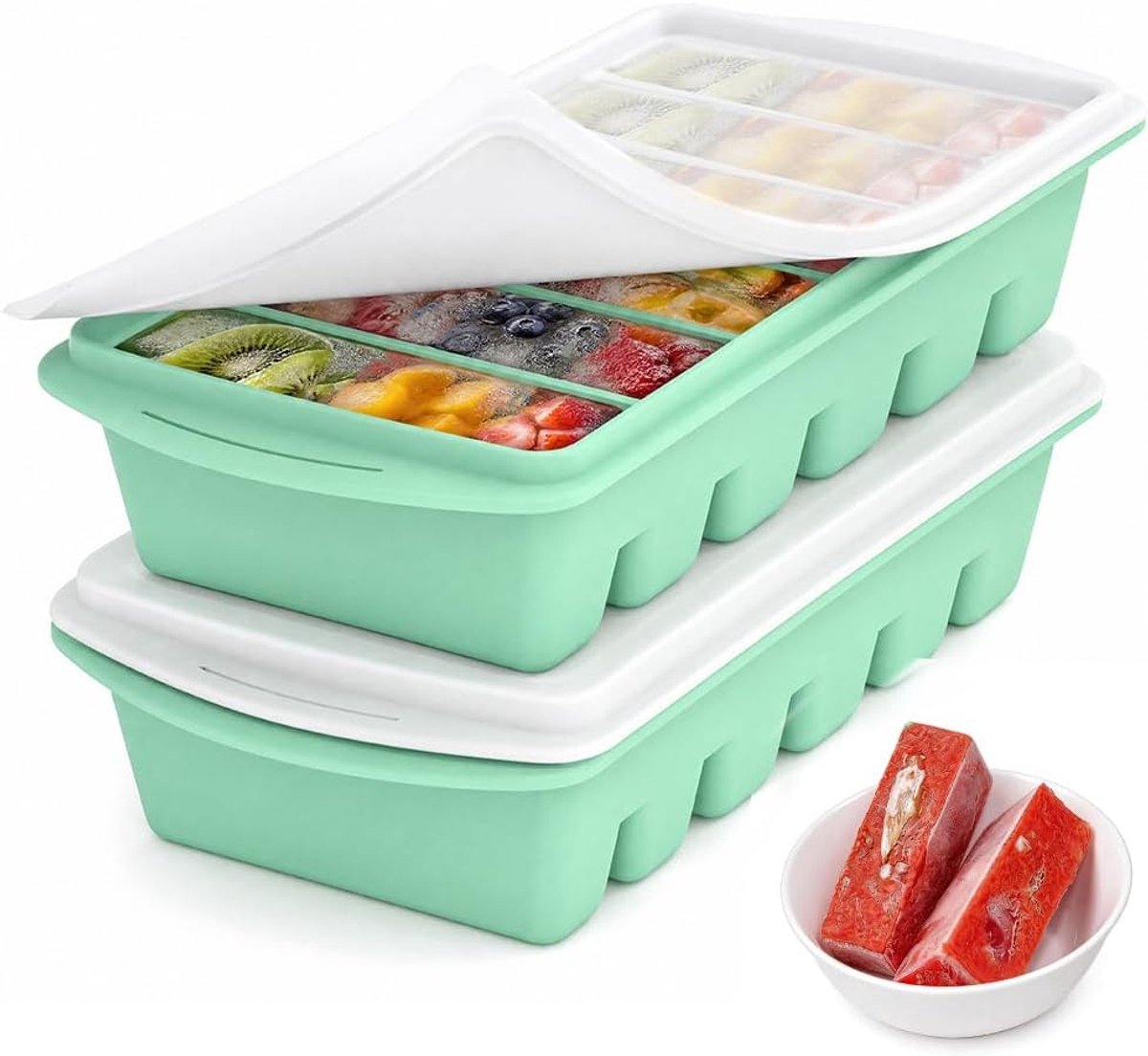 2 stuks siliconen diepvriesvormen met deksel, ijsbakken voor vriezer, ijsblokjesvorm voor het bewaren van 100 ml bouillon, soep, restjes, saus, vriesbare saus, boter of bouillonblokjes (groen)
