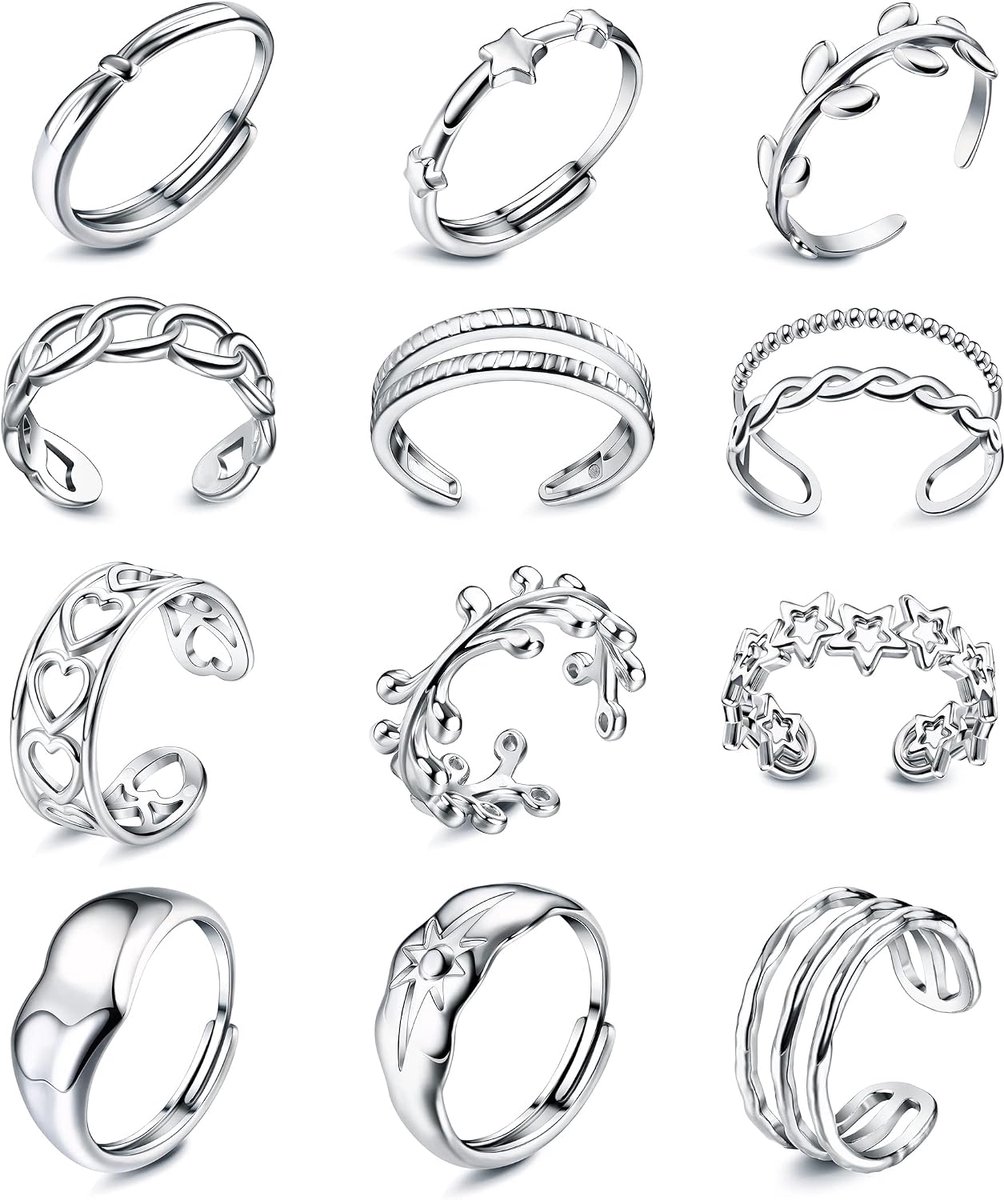 Ringenset - zilveren esthetische stapelbare en verstelbare vingerringen voor dames (maat 6-9, indie-stijl)