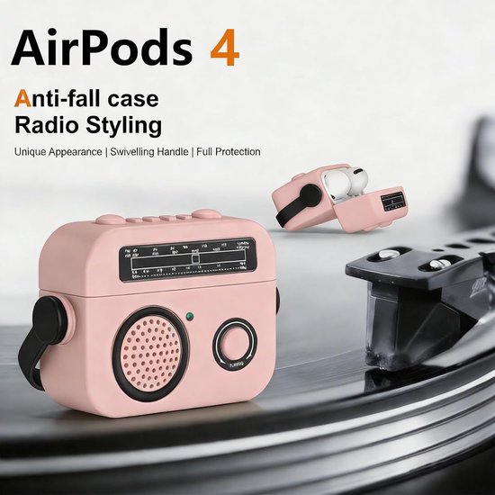Radio Design Hoesje voor AirPods 4 SYJ Roze - Zachte Silicone Vintage Schokabsorptie Beschermer Case met Draaibare Draaggreep Compatibel met AirPods 4 — afbeelding 4