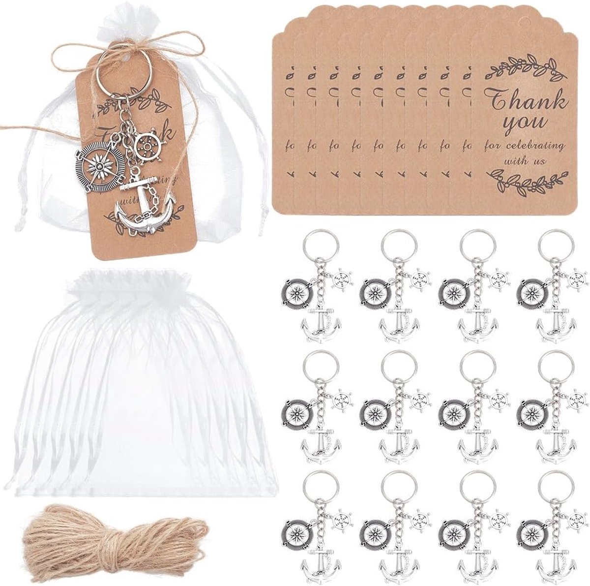 25 sets nautische sleutelhanger set oceaan sleutelhanger feestgunsten zomer zeeanker helm kompas sleutelhanger 25 stuks geschenkzakjes 25 stuks papieren labels voor gasten bruiloft