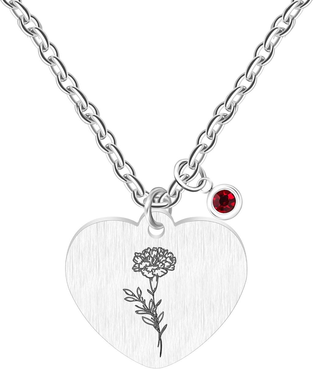 Geboortebloem Ketting met 12 Maanden Geboortesteen Hanger, Gepersonaliseerde Hypoallergene Roestvrijstalen Sieraden voor Vrouwenverjaardagen YA5545