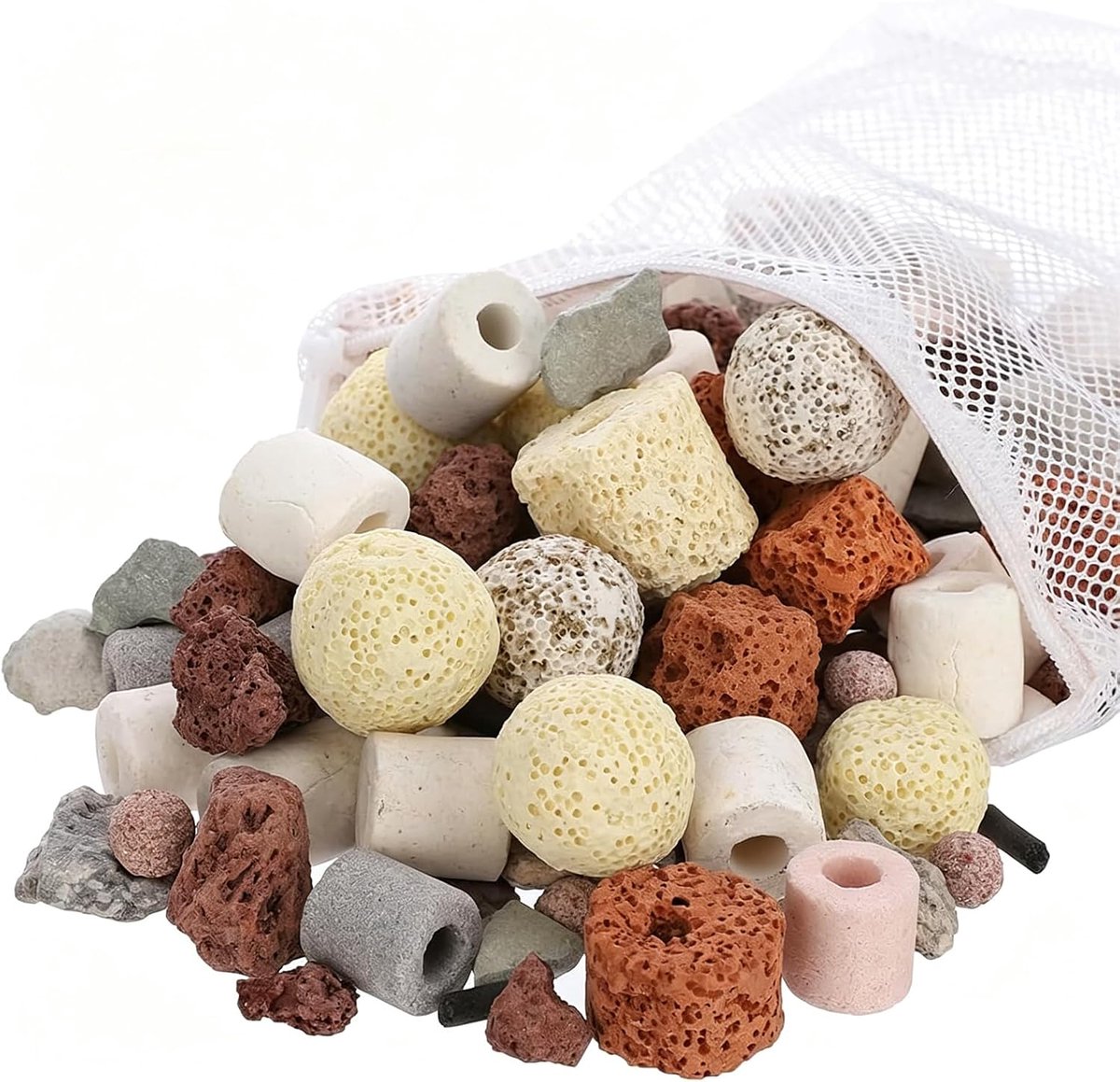 Aquariumfiltermedia met netzak en ritssluiting, 12 soorten filtermateriaal, vijver, filtermedia, aquarium in zak, filtermedium, keramische ringen, voor aquaria, visvijvers, watervallen (600 g)