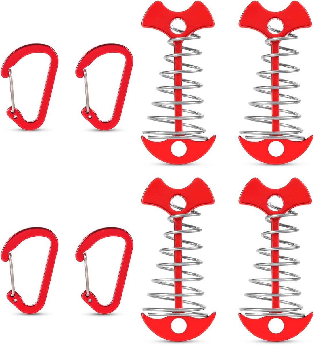 4 Stuks Fishbone Dekankerharingen, Aluminium Kleurrijke Dekankerharingen met Karabijnhaken Tenttouwspanners met Veergesp, Visgraattentharingen voor Buiten Wandelen Kamperen (Czerwony)