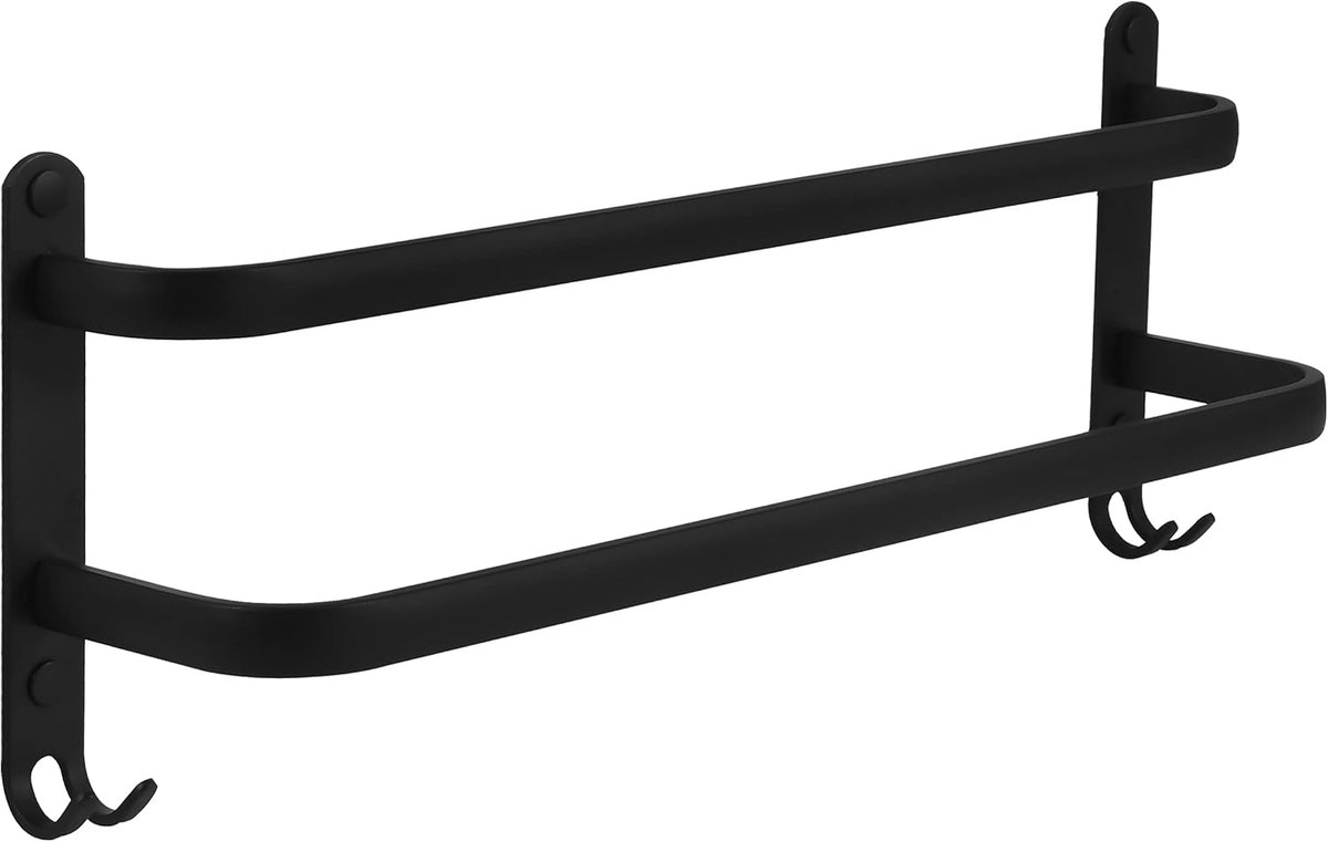 Handdoekrek - Met 2 stangen + 4 haakjes - Handdoekenrek - Handdoekhouder - Dubbele stang - Theedoekhouder - Voor aan de wand - Met schroeven - Horizontaal - Zwart - Aluminium - 10 x 48 x 18 cm