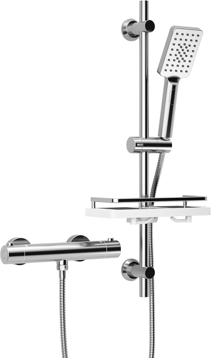 Thermostaat douchesysteem met Douchekraan, Douchestangset met doucheplank, Thermostaat Mengkraan + Roestvrij staal Douchestang 70 cm met Handdouche en Slang, Chroom