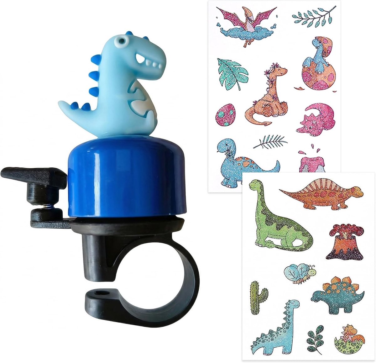 Design dinosaurus met 2 glitterstickers en tatoeages, bel voor fiets, scooter, draisienne en driewieler, voor kinderen en volwassenen