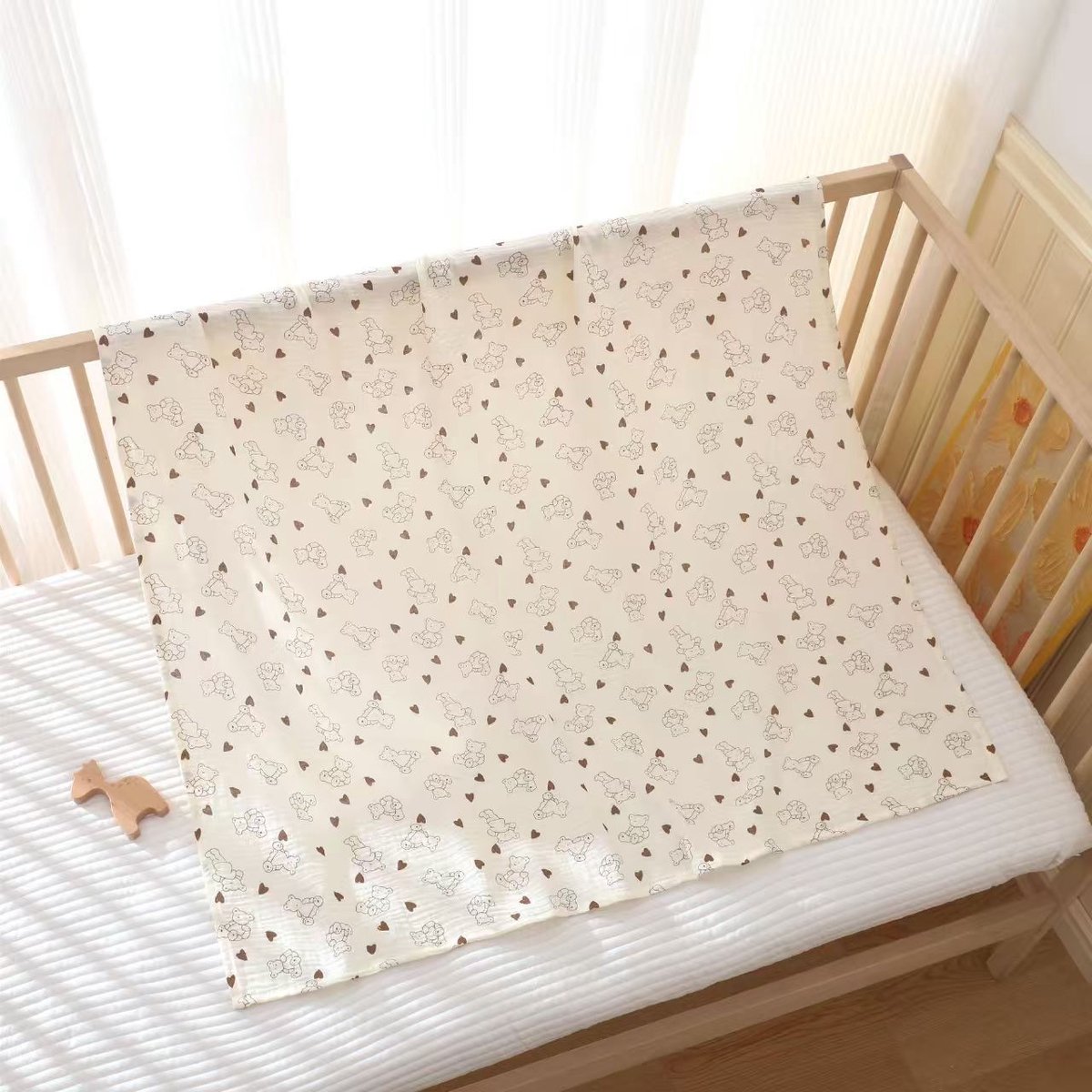 Babywikkeldeken, groot formaat 100x100 cm, dubbellaags katoenen gaasdeken, ultrazacht katoenen gaas, geschikt om in te wikkelen of als klein dekentje voor babyjongens en -meisjes,Hartbeer