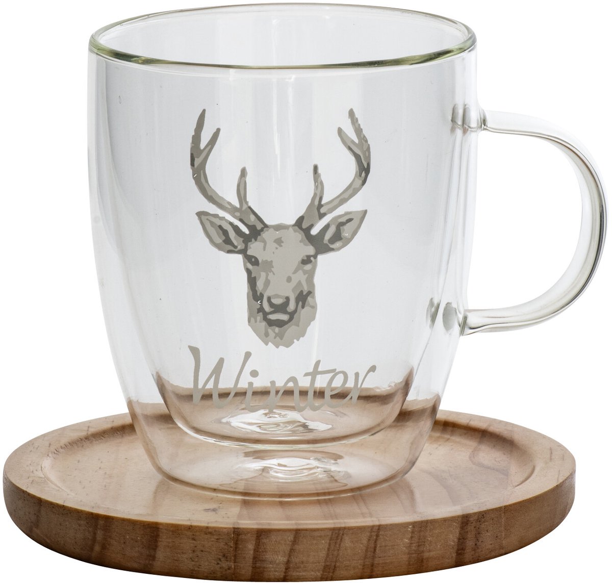 J-Line Kop en schotel met hert - glas - wit/naturel - set van 6