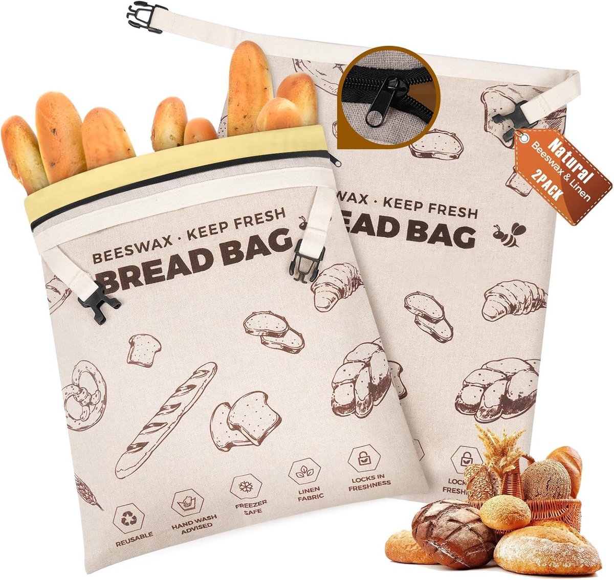 Broodzakken Reusable 43x33cm - Biologisch Linnen - Freezer Safe - Bewaar je versgebakken brood - ShopVlot