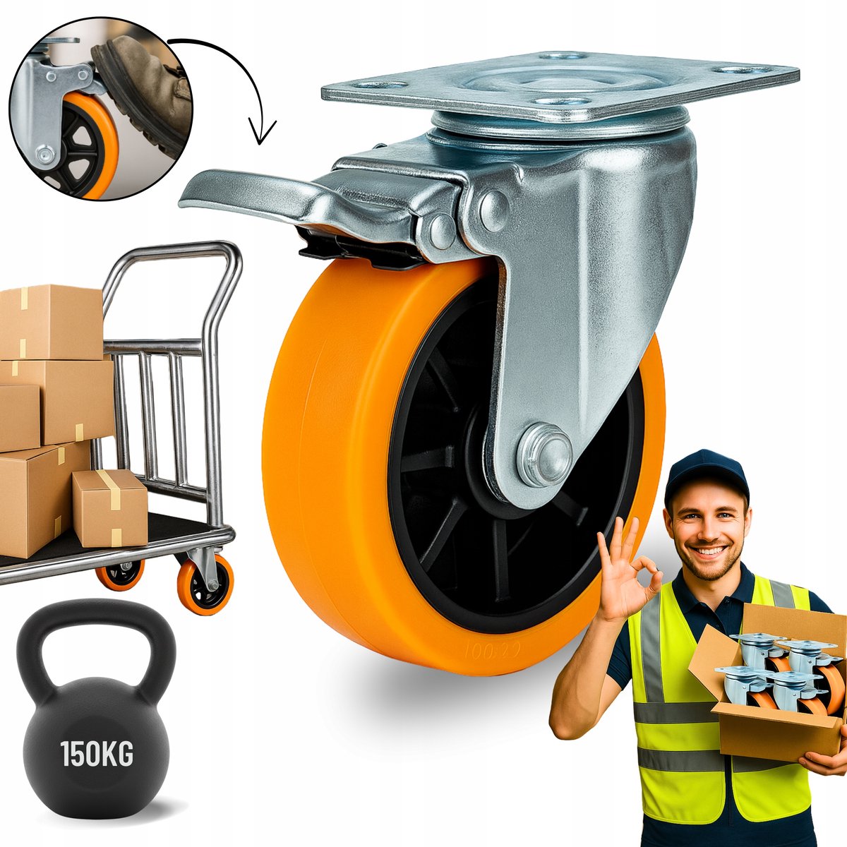 Industrie Zwenkwiel 125mm met Rem - 150kg Draagvermogen