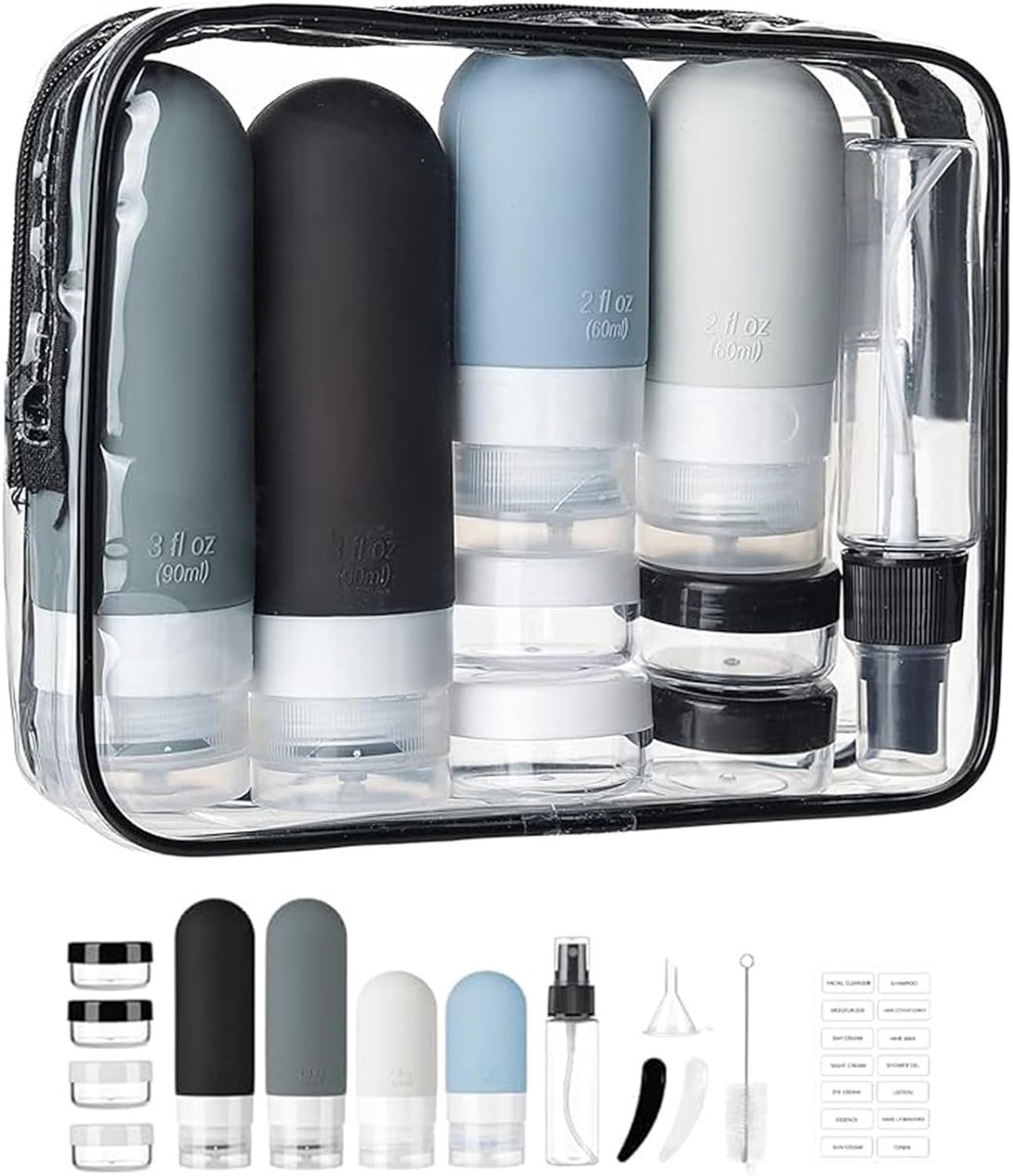 Reisflessen set 16-delig - Lekvrije silicone containers - Minimalistisch zwart - Ideaal voor je toilettas - ShopVlot
