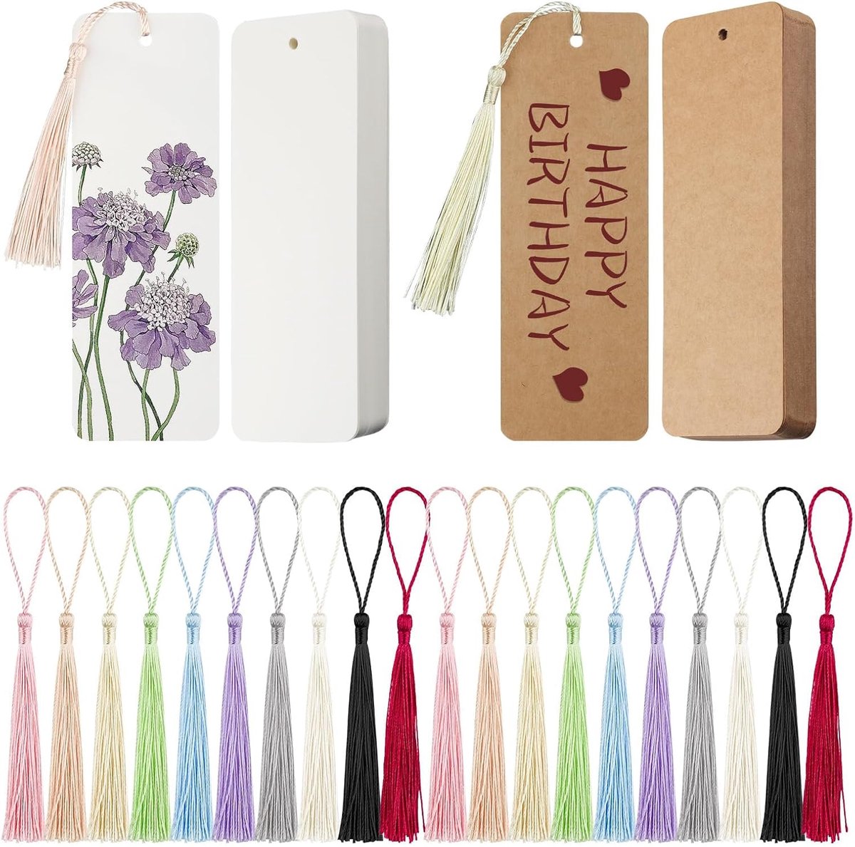 Boekenleggers set 120 stuks - kraftpapier en wit karton - met kleurrijke tassels - perfect voor DIY projecten - ShopVlot