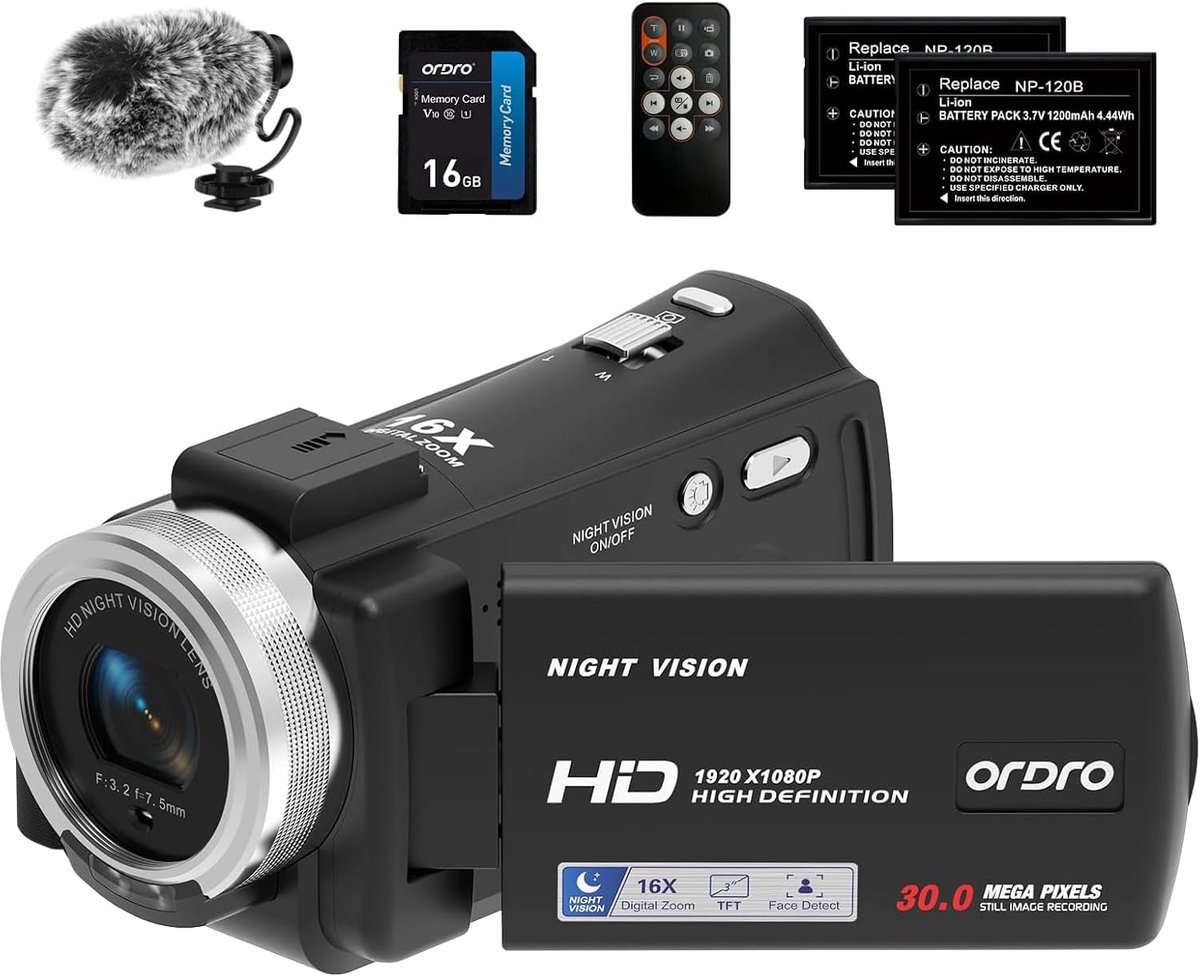 Videocamera 1080p - vlogging-camera met 16x zoom - IR nachtzicht - inclusief mini-microfoon en afstandsbediening - ShopVlot