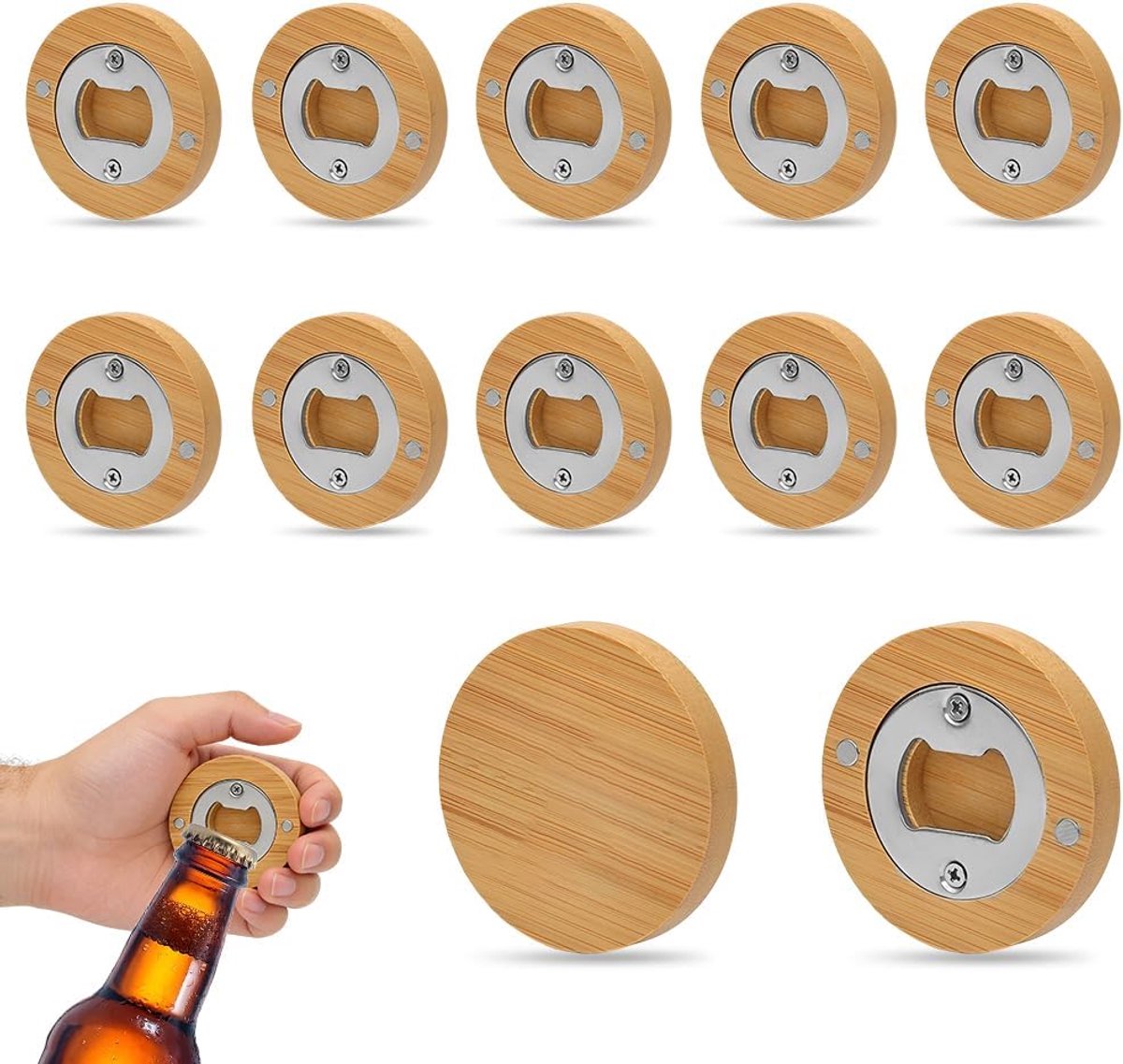 Houten Flesopener, 12 Stuks - Ronde Bierflesopener met Magnet - Bamboe en RVS - Duurzaam voor Thuis en Feesten - ShopVlot
