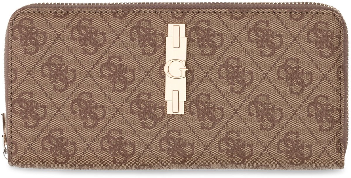 GUESS portemonnee Yvonne Logo SLG Large Zip Around Wallet Latte Logo Lichtbruin