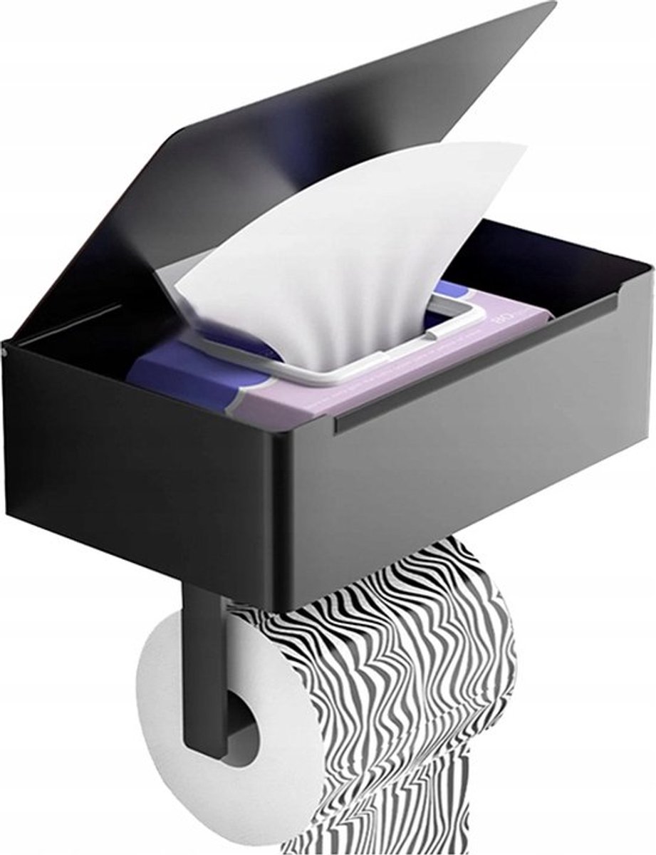 WC Rolhouder met Bakje & Plankje - Zwart - Zelfklevend / Boren / Zonder Boren - Toiletrolhouder - WC Papier Houder