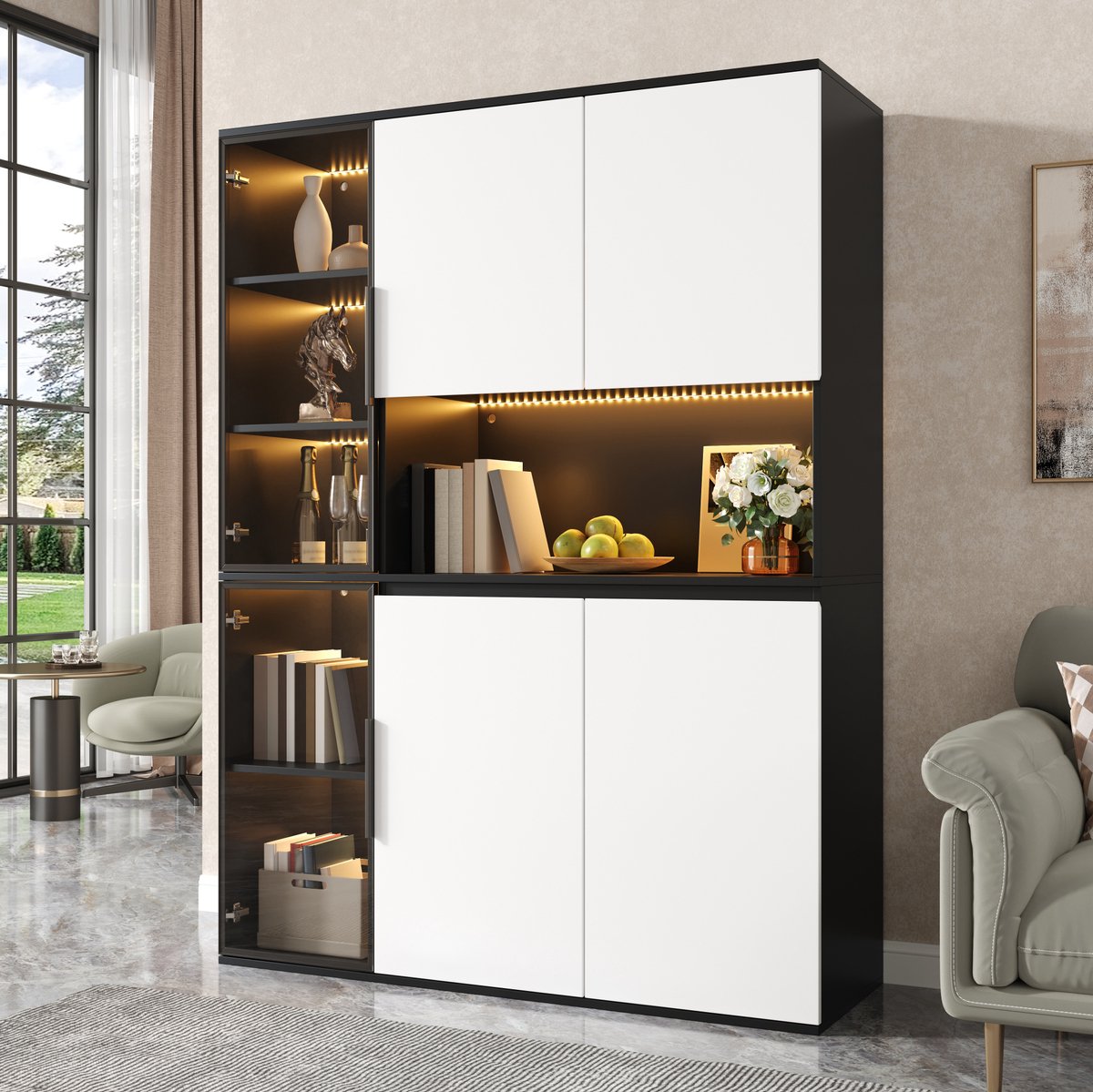 MODENUIT Kast - Vitrinekast Met LED En Glaselementen - Woonkamer En Eetkamer - MDF - Zwart-Wit - 120x40x160 Cm