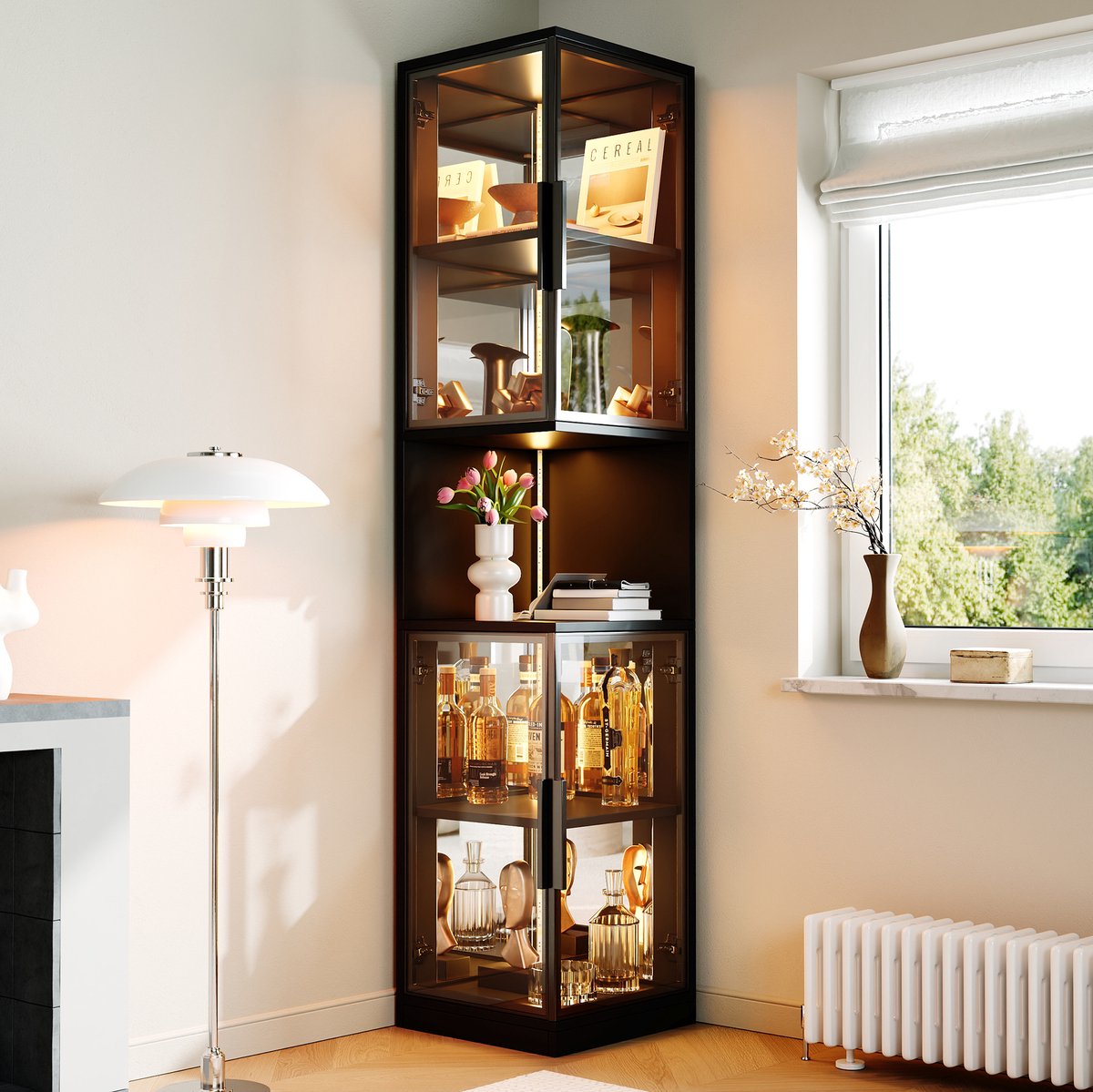 Vitrinekast - LED Verlichting Met Glazen Deuren En Spiegelachterwand - Voor Woonkamer - Zwart - 42x44x205 Cm