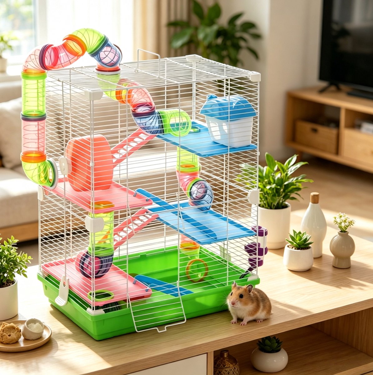 MIVRAY Hamsterkooi - Meerlaagse Knaagdierkooi 46 x 30 x 58 cm - Metaal en Polypropyleen - Groen - Voor Binnen Met Speelruimte