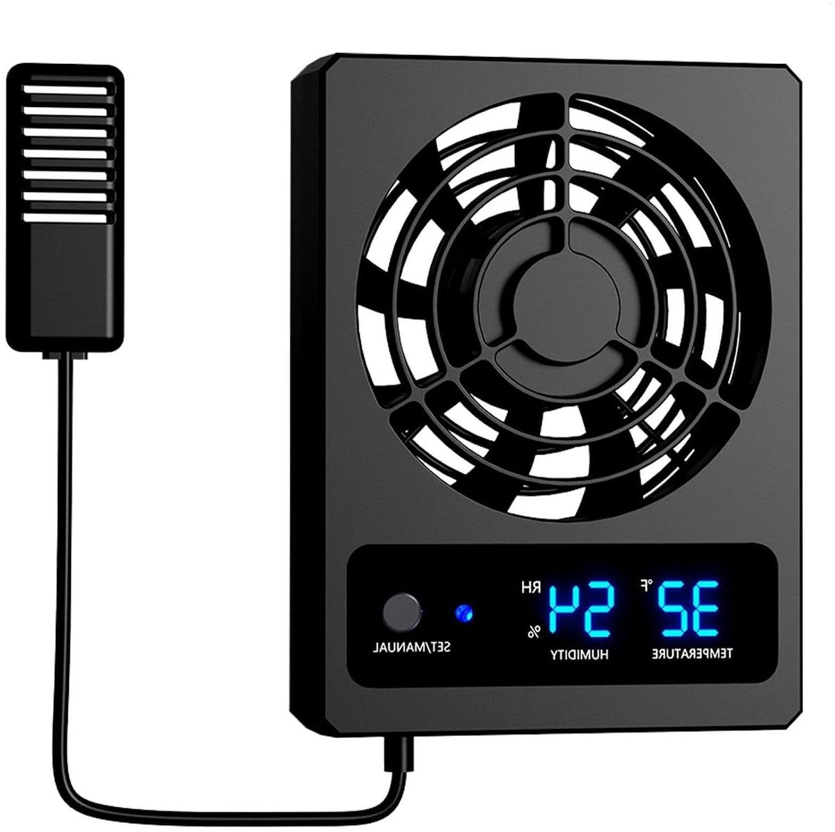 Reptielen Ventilator - Terrarium Koeler - Klimaatbeheersing Huisdier - Geluidsvrije Werking - 11.3 x 8.5 x 2.5 cm - Zwart