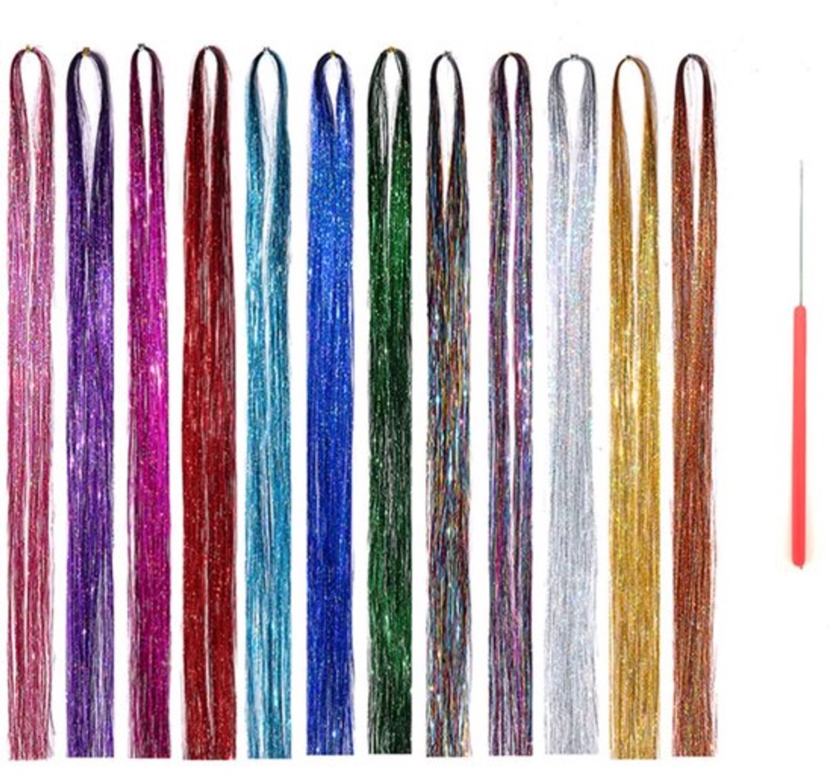 12 Kleuren Hair Tinsel. 2400 Strengen Glitter Haarextensions voor Vrouwelijke Meisjes. 47 Centimeter Klatergoudkit. voor Feesten. Kerstmis. Nieuwjaars. Bruiloften. met een