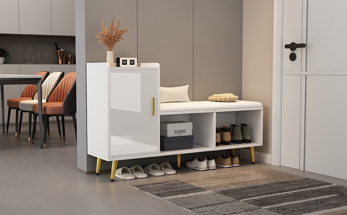 MODENUIT Schoenenkast - Met Zitting, Deur En Opbergruimte - Voor Hal - Spaanplaat Wit - 120x35x71,5 cm