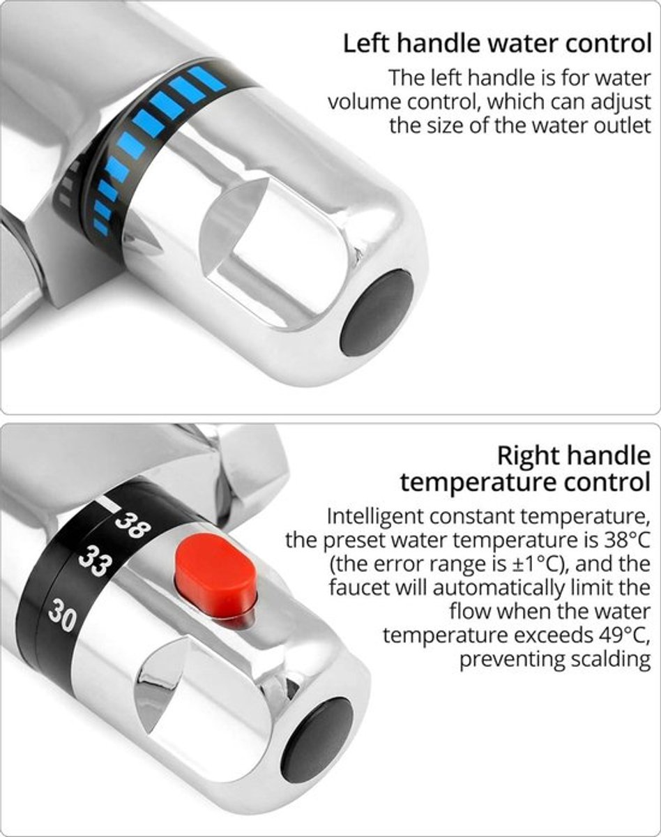 Douchekraan - Thermostatisch - Mengkraan - Temperatuurregeling - Badkamer - Warm en Koud Water - Chrome - Wandmontage - Hoofddouche - Oneindig warmwaterregeling